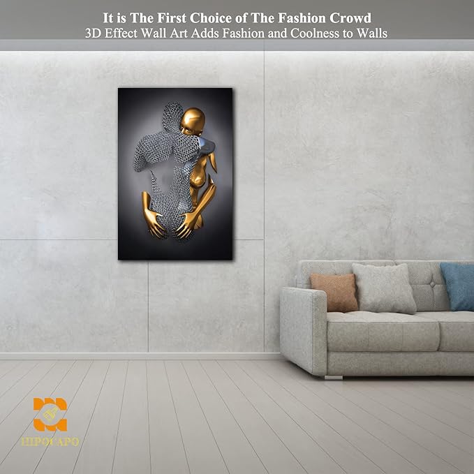 3D Metal Effect Wall Art - 3D Metal Canvas Art, 3D Metal Canvas Art 3D Canvas Art Wall Decor for Modern Living Room, Framed Romantic Couple Living Room Canvas Wall Art 28”x40”x1Pcs
