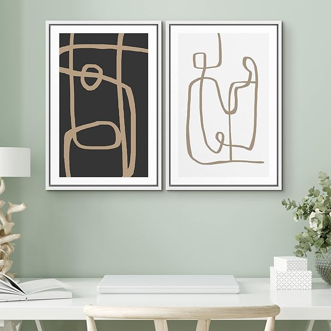 SIGNWIN Framed Canvas Print Wall Art Set Brown Geometric Spiral Pattern Collage Abstract Shapes Illustrations Modern Art Minimal Boho Relax/Calm for Living Room, Bedroom, Office - 16"x24"x2 White