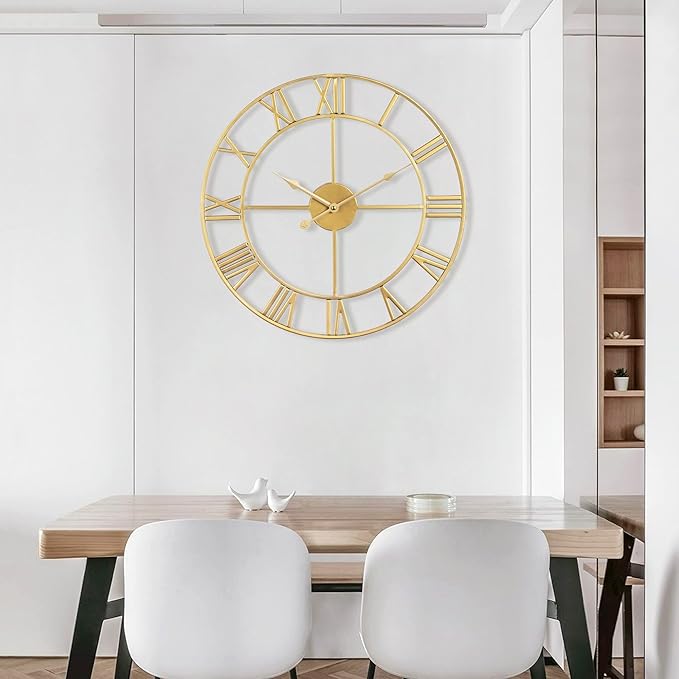 Large Wall Clock, Metal Retro Roman Numeral Clock, Modern Round Wall Clocks Almost Silent, Easy to Read for Living Room/Home/Kitchen/Bedroom/Office/School Decor (Gold, 18.5 Inch)