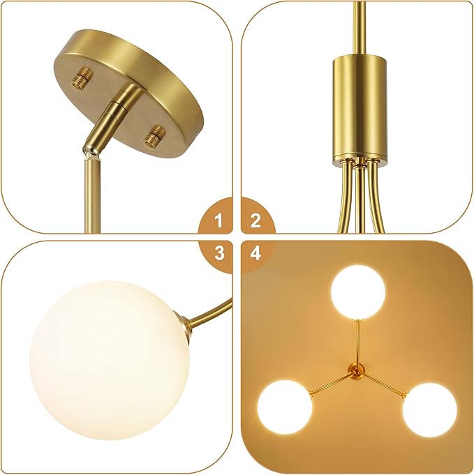 3-Light Gold Sputnik Chandeliers for Dining Room Light Fixture, Mid Century Hanging Modern Chandelier for Kitchen Island Foyer Entryway, Milk White Globe Glass Shade