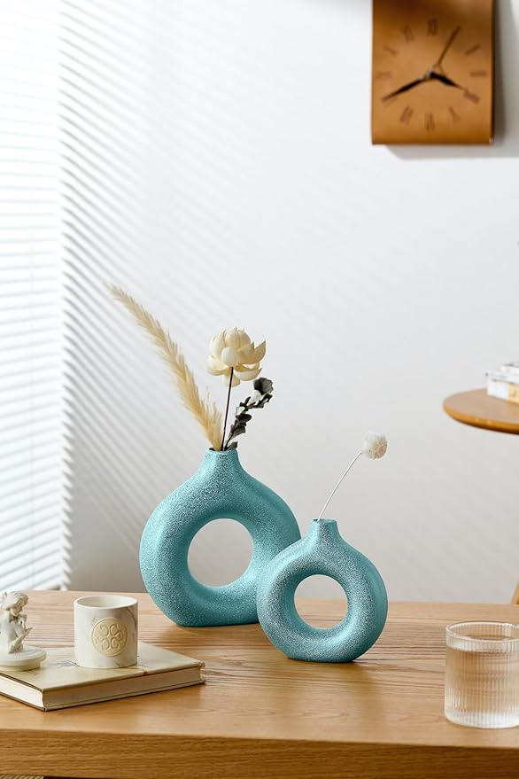 Modern Donut-Shaped Decorative Vases, Handmade Minimalist Boho ins Style, Modern Vase for Home Decor for Wedding Dinner Table Party Living Room Office Bedroom (Blue-Gold, Large + Small)