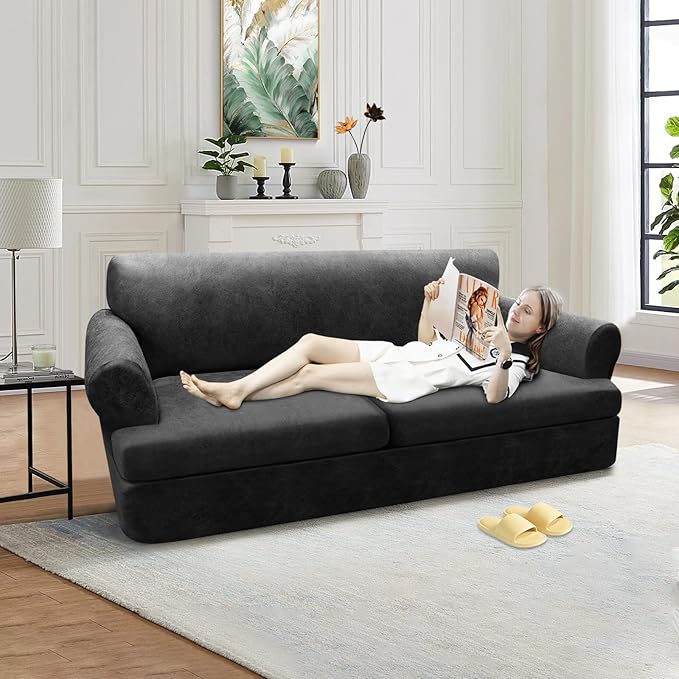 3-Pieces T Cushion Loveseat Slipcovers Leather Look Couch Cover Loveseat Covers for 2 Cushion Couch Furniture Protector Stretch Sofa Cover with 2 Individual T Cushion Seat Covers, Dark Grey