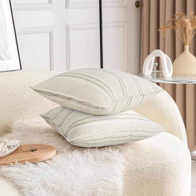 18X18 Decorative Farmhouse Linen Throw Pillow Covers, Boho Textured Pillow Case Set of 2 ,Beige with White & Gray Stitch Yarn Dyed Stripe Cushion Cover ,Modern Accent Square Pillowcase for Sofa Couch