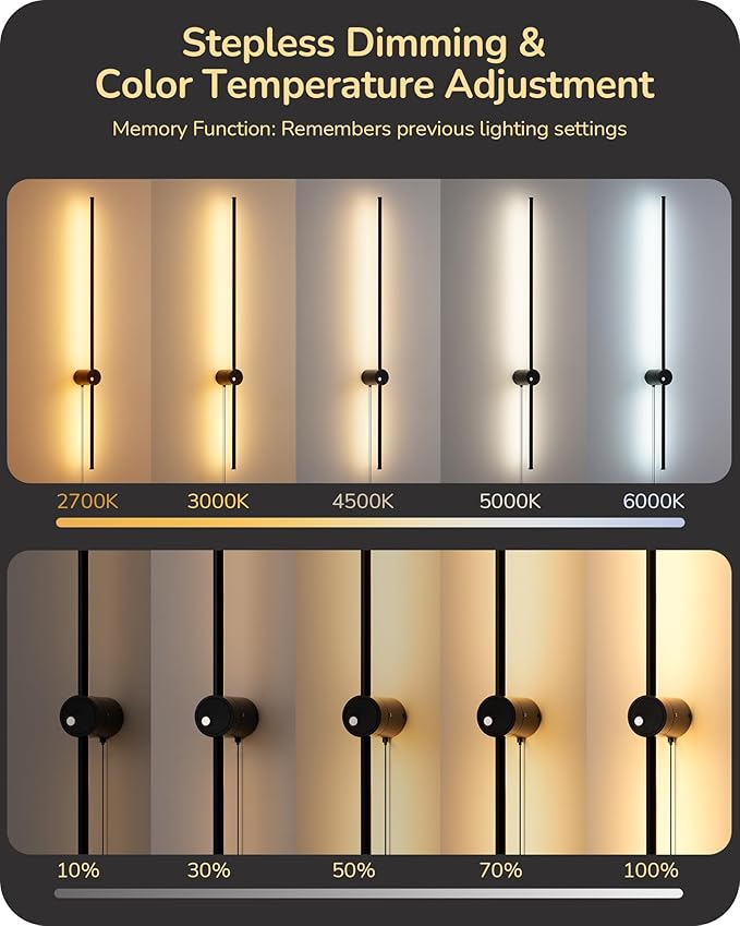 EDISHINE Plug in Wall Sconce Set of Two, Stepless 2700K-6000K Dimmable LED Wall Lights, 350° Rotation 39.4" Touch Wall Sconce with Remote, Timer, Night Light Mode for Living Room Bedroom Hallway