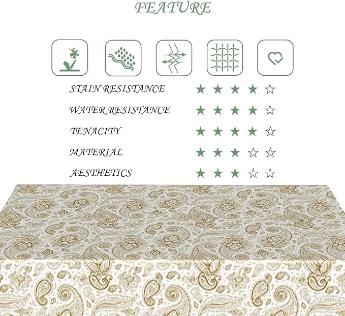 70x90 Inch Vintage Paisley Rectangular Tablecloth White Golden Boho Art Table Cloth Bohemian Washable Durable Table Cover for Dining Banquet Garden Patio Decor