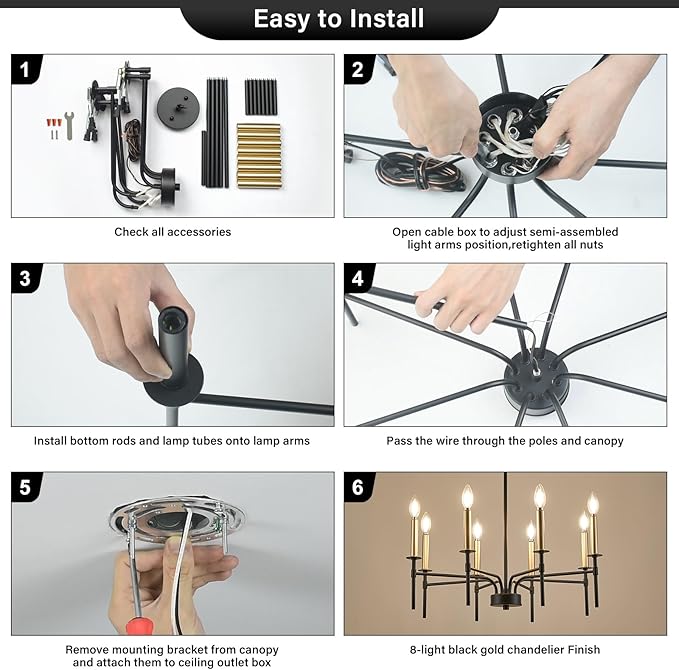 Modern Dining Room Light Fixture 8-Light, Black and Gold Farmhouse Chandelier, Metal Candle Chandeliers for Dining Room, Kitchen, Living Room, Bedroom, Foyer, Staircase, Entryway