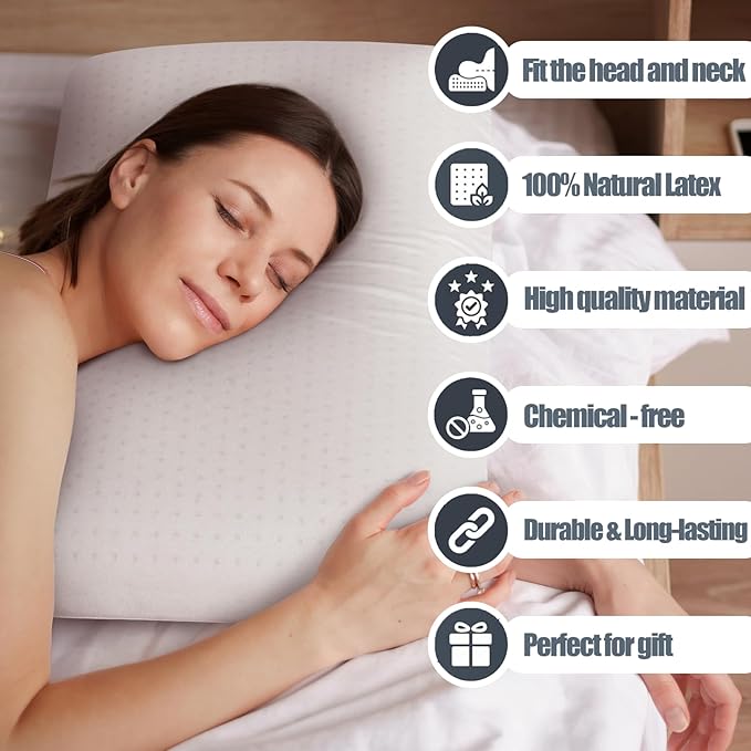 100% Talalay Latex Pillow, Luxury Queen Sleeping Bed Pillow for Side, Back, and Stomach Sleepers, Extra Soft Natural Latex Foam Pillow, Removable Breathable Cotton Cover (Medium, Queen)