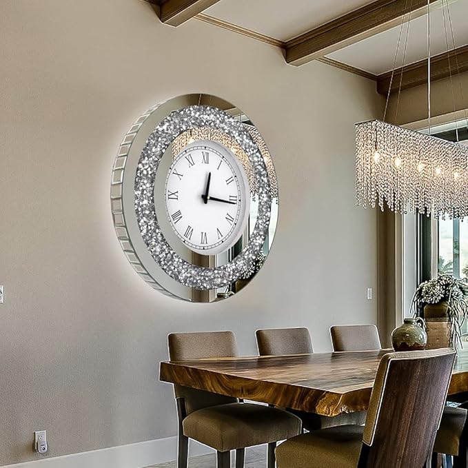 DMDFIRST Silver Round Mirror Clock 20x20inches Crystal Sparkle Twinkle Bling Crush Diamond Mirrored Large Wall Clock for Wall Decoration Silver Glass Mirror Home Décor. AA Battery is not Included.