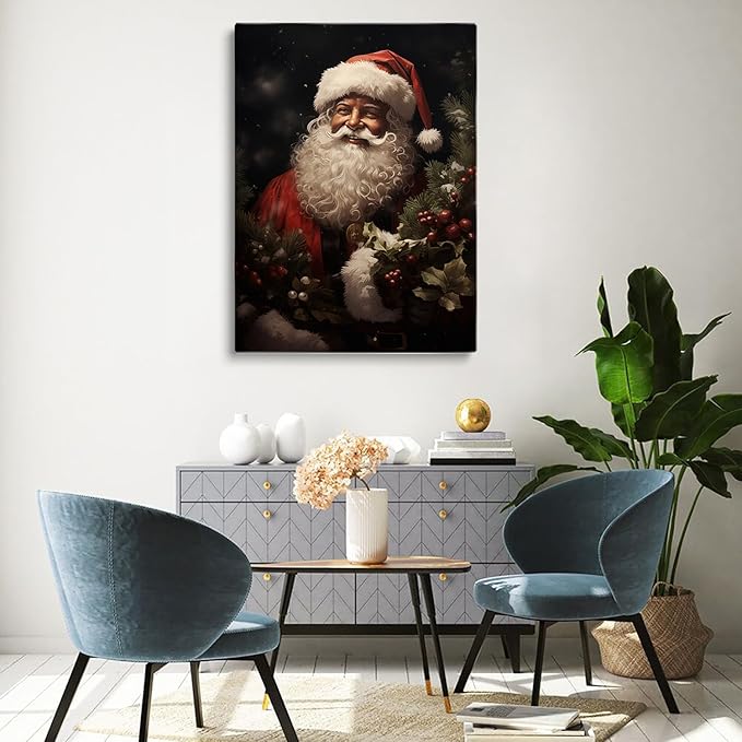 African American Santa Wall Art Print,Vintage Black Santa With Wreaths Prints,Christmas Prints,Christmas Wall Decor
