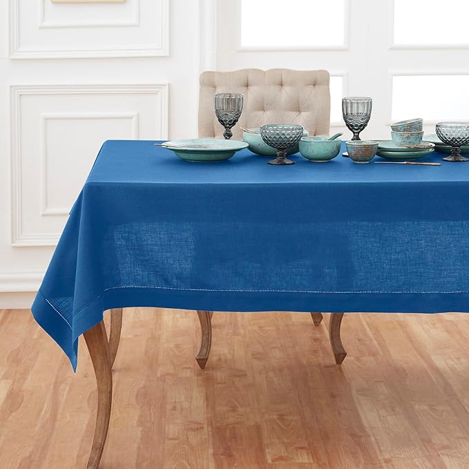 Solino Home Linen Square Tablecloth 52 x 52 Inch - 100% Pure Linen Indigo Blue Table Throw - Classic Hemstitch, Machine Washable Table Cloth for Fall, Autumn, Christmas