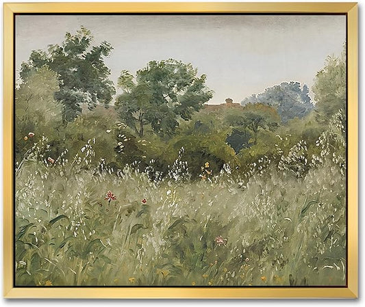 AIMAILON Vintage Gold Canvas Wall Art Framed Decor Retro Rural Scenery Spring Grassland Nature Theme Print Artwork Tranquil Rustic Outskirt Wildflower Landscape Classical Decoration 10x12
