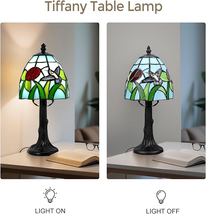 Tiffany Style Table Lamp - 6 Inch Stained Glass Table Lamps with Hummingbird & Flower, Vintage Tiffany Style Bedside Lamp, Small Desk Light with LED Bulb for Home Decor Ideal Gifts for Family Friends