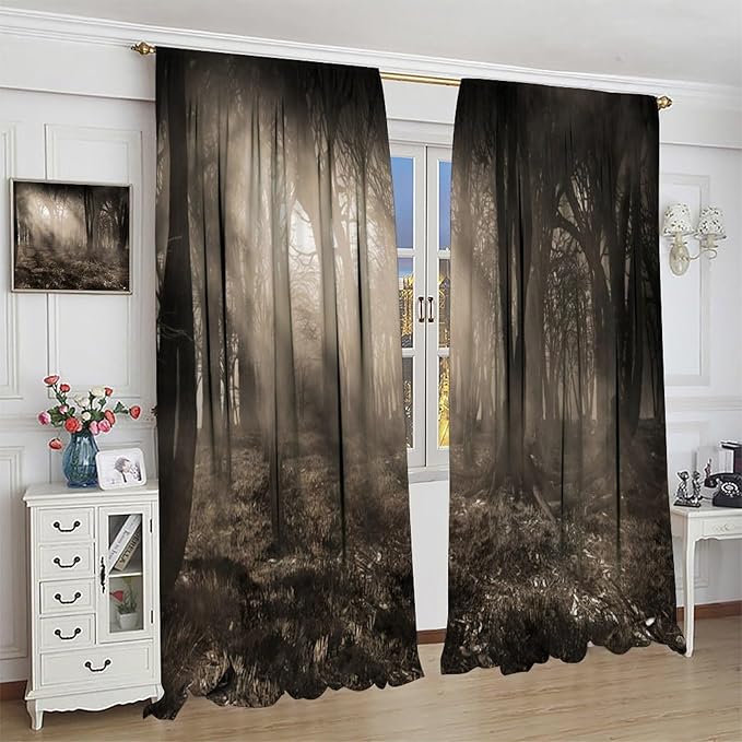 Gothic Forest Blackout Curtains, Forest Scenery Sunbeams Foggy Vintage Colors Fantasy Art Print Window Drapes, for Living Room Bedroom 21(W)*54(L) 2 Panels
