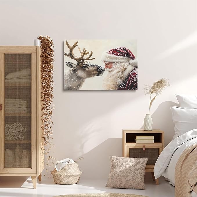Retro Santa Wall Art Prints,Vintage Santa Reindeer Poster,Rustic Christmas Print,SantaClaus Painting,Winter Holiday Cottagecore Decor