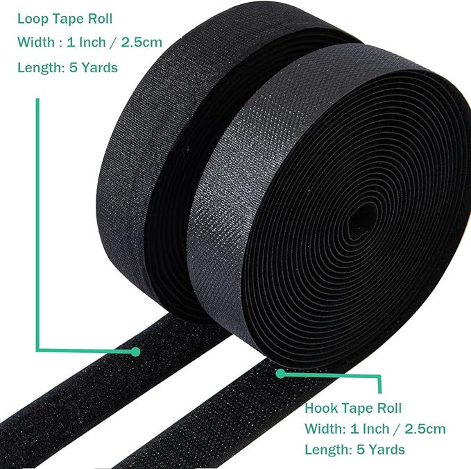 1 Inch Sew on Hook and Loop Strips | Easy to Sew | Excellent Grip | Non-Adhesive Back Nylon Fabric Fastener Strips for Clothing Sewing Crafts and DIY Projects, Black, 1in x 5yd