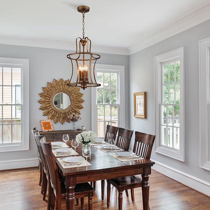 Modern Lantern Pendant Light 4-Light Chandelier Lighting, Rusty Gold for Kitchen Island Dining Room Entryway