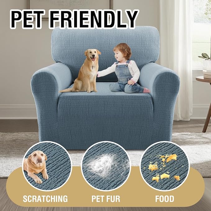 H.VERSAILTEX Jacquard Sofa Slipcover with Waterproof Seat Furniture Protector 1 Piece Stretch Sofa Covers with Elastic Bottom for Kids, Pets, Dog(Armchair, Stone Blue)
