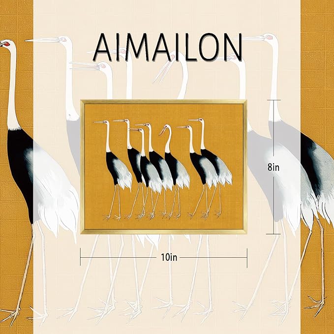AIMAILON Vintage Gold Canvas Wall Art Framed Decor Animal Theme Artwork Elegance Groups of Red Crowned Crane Print Retro Picture Home Decoration for Study Room Bedroom Office 8x10