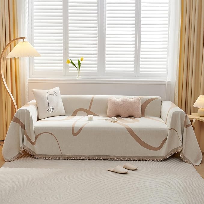 VClife Sofa Cover Washable Soft Plush Couch Cover for 3 Seat Cushion Couch Sofa (71''x134'') - Modern White Beige Striped Jacquard Sofa Cover Slipcover for Sectional Sofa Home Furniture Protector