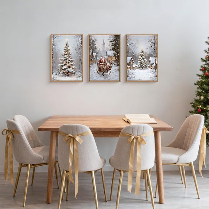 HPNIUB Happy Christmas Framed Wall Art Set, Elk Santa Claus Wall Decor, Winter Snowy Landscape Nature Painting, Neutral Christmas Scene Art Prints for Xmas Festival Fireplace Decor-24x 36 x3