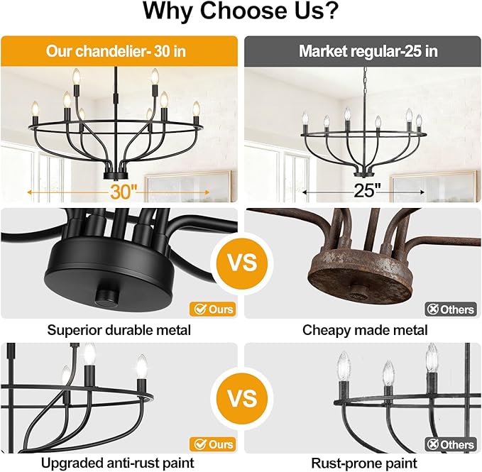 30" Black Chandelier, 9-Light Modern Farmhouse Chandelier for Dining Room Lighting Fixtures Hanging, Candle Chandelier Light for Living Room, Kitchen Island, Bedroom, E12(Bulbs Not Included)