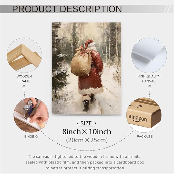 Santa Claus in Winter Forest Poster Vintage Christmas Holiday Canvas Wall Art 08x10 inch Framed Cozy Nature Christmas Tree Oil Painting Prints for Cottagecore Bedroom Wall Decor