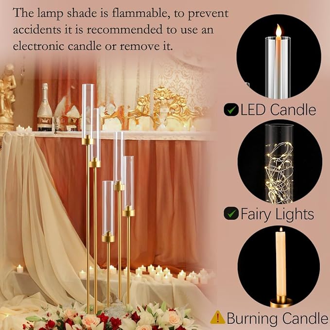 10PCS Gold Floor Candelabra,5 Arm Candle Holder Tall Floor Candle Holder with Acrylic Lampshade for Wedding Table Birthday Party Home Decoration Fit LED Taper Candles