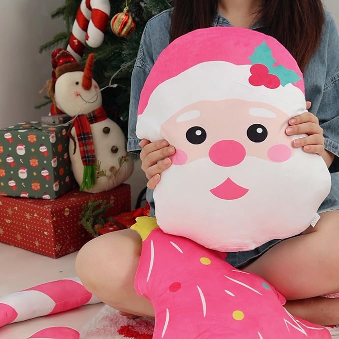Percozzi Christmas Pillows with Pink Christmas Tree Santa Claus Shaped Throw Pillows Xmas Tree Decorative Pillow Cane & Santa Pillow Cute Soft Stuffed Plush Holiday Party Home Decor 3PCS