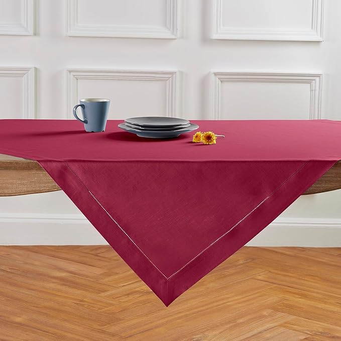 Solino Home Linen Tablecloth 52 x 52 Inch - 100% Pure Linen Beet Square Tablecloth - Classic Hemstitch, Machine Washable Table Throw for Fall, Autumn, Thanksgiving, Holiday, Winter