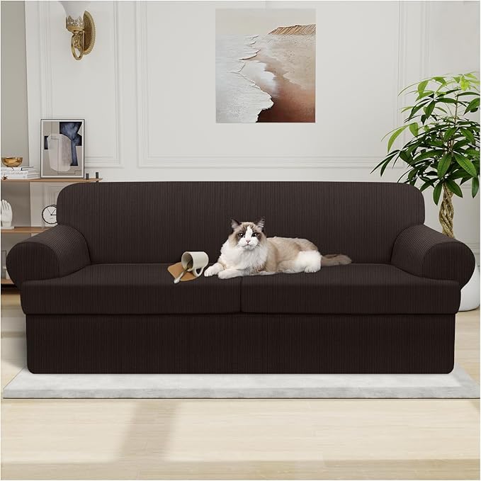 Waterproof Couch Cover 3-Piece Set Striped Sofa Slipcovers for 2 Separate T Cushion Couch - TPU Fabric Sofa Covers Leakproof Couch Protector for Kids, Pets(2 Cushion Sofa, Coffee)