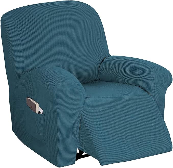 Flamingo P Stretch Recliner Chair Cover Recliner Cover for Electric/Manual Style Furniture Cover for Reclining with Side Pocket, Soft Checked Jacquard Fabric Form Fitted Standard/Oversized - Deep Teal
