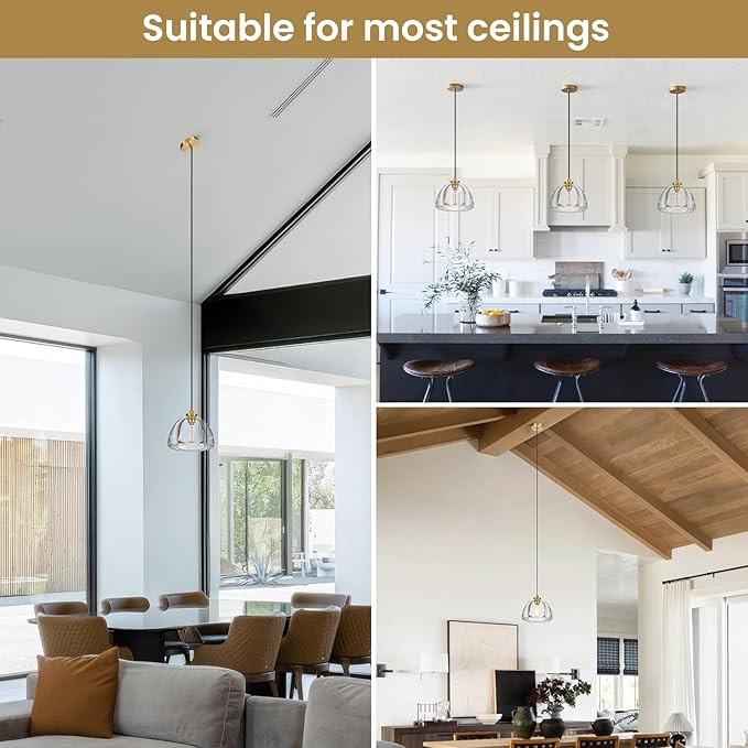 Crystal Pendant Light Kitchen Island: 7" Vintage Brass Hanging Lights Above Dining Table - Modern K9 Crystals Lighting Over Kitchen Sink - Luxury Gold Hemispher Pendants Light Fixtures Bulbs Included