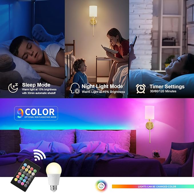 Battery Operated Wall Sconce Set of Two, Gold Wireless Rechargeable Wall Light with Remote Control, Dimmable, Amber/Warm/Natural/Cool White, RGB, Battery Power Sconces for Living Room Bedroom