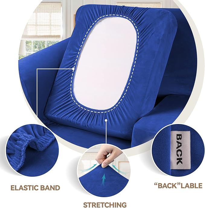 WEERRW 4 Pieces Velvet High Stretch Couch Covers for 3 Cushion Couch Sofa Slipcovers, Washable Furniture Protector with Non Slip Elastic Bottom, Feature Soft and Thick Plush Fabric, Royal Blue, Large
