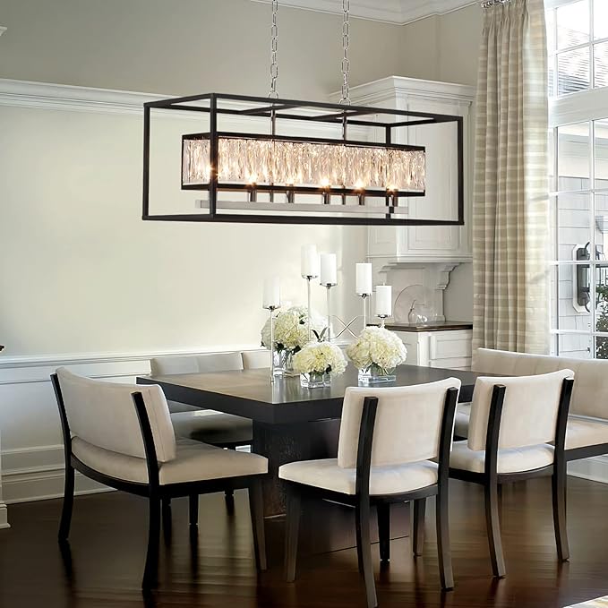 Vezzio Modern Crystal Chandelier 6-Light Black Gold Rectangle Chandelier for Dining Room Luxury Pendant Light Fixture for Kitchen Island Foyer L35''