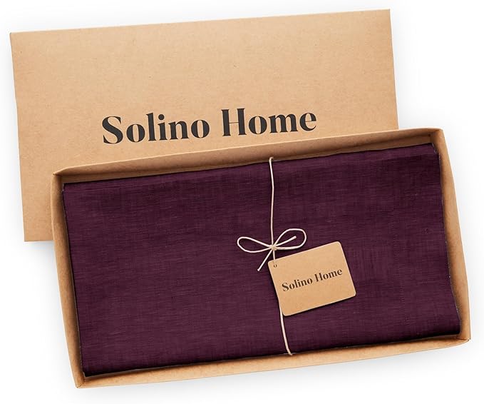 Solino Home Linen Tablecloth 52 x 52 Inch - 100% Pure Linen Square Table Throw - Athena, Machine Washable Chambray Burgundy Tablecloth for Fall, Autumn, Thanksgiving, Christmas, Holiday, Winter