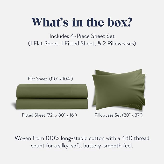 Brooklinen Luxury Sateen 4 Piece Sheet Set - 100% Cotton Bed Sheets, Soft & Durable Cali King Size Sheet Set in Fresh Moss, Oeko-TEX Certified Bedding Set, 1 Fitted Sheet, 1 Flat Sheet, 2 Pillowcases