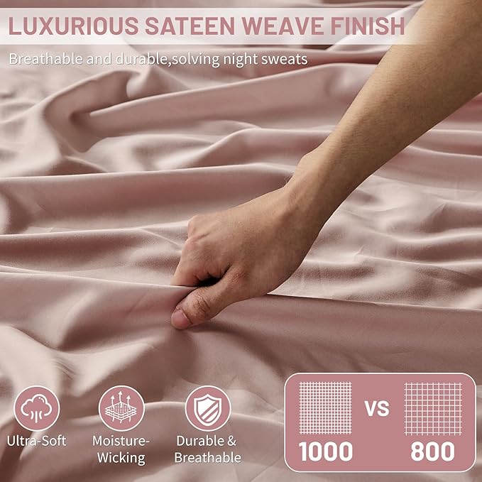 MEISHANG 1000 Thread Count Cotton Sheets California King - 100% Egyptian Cotton, Sateen Weave, Soft & Breathable, Oeko-Tex Certified, 16" Deep Pockets - 4 Piece (Cal King, Dusty Pink)