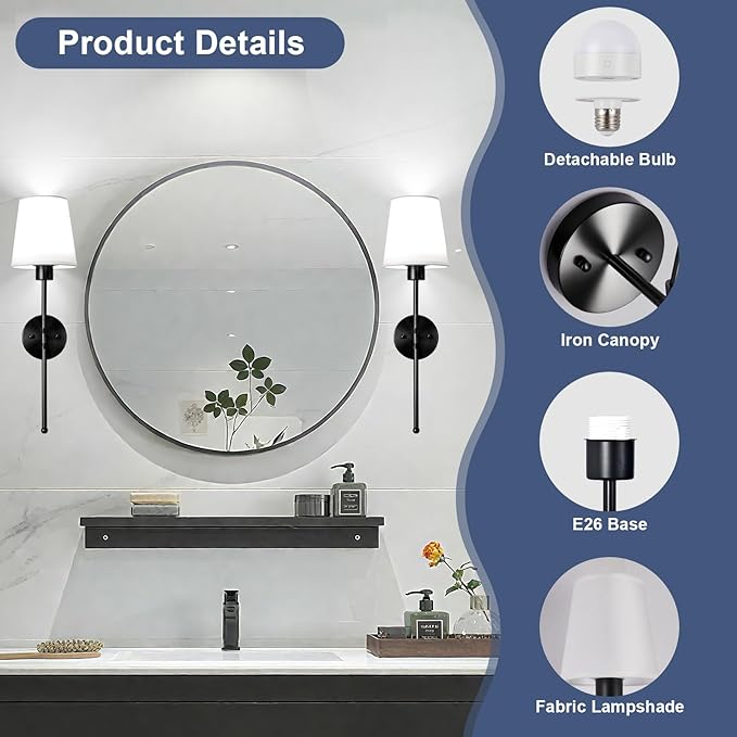 Depuley Battery Operated Wall Sconce: Rechargeable Wall Lamp Set of 2 with Remote and Dimmable Bulb for Home Decor - Wireless Wall Lights with 15 Colors for Bedroom E26 Base Fabric Shade Black