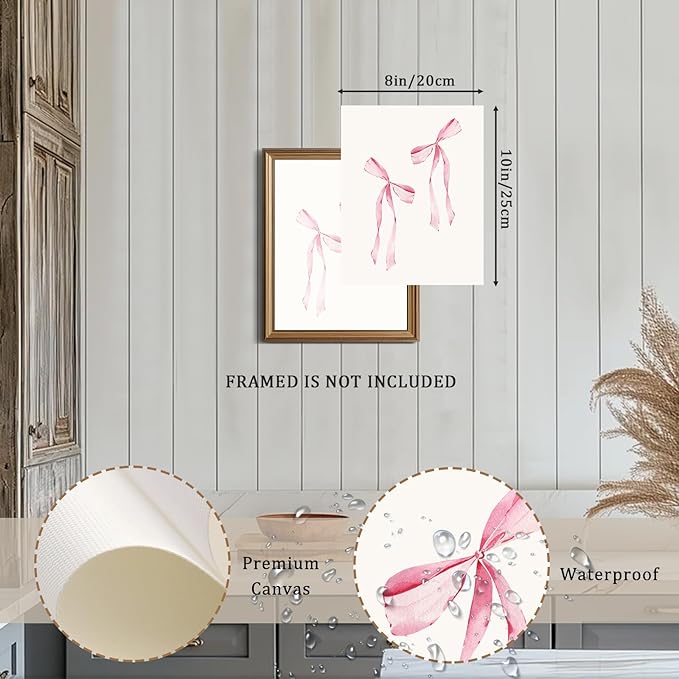 Preppy Watercolor Bows Canvas Posters Prints, Trendy Pink Bows Wall Art, Coquette Light Pink Cute Girly for Living Room Bedroom Poster 8x10 Unframed