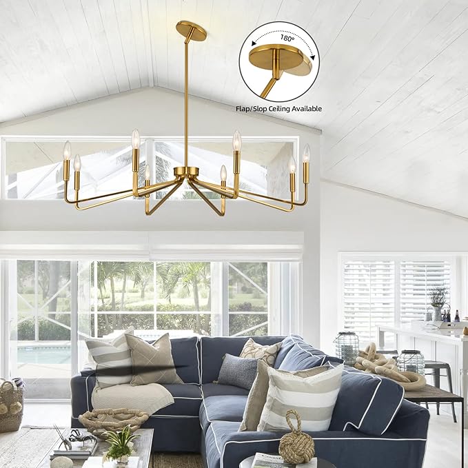 38" Gold Chandeliers for Dining Room, 8-Light Modern Farmhouse Chandelier Light Fixture, Brushed Brass Industrial Candle Lighting Hanging Ceiling for Living Room Bar Kitchen Island Lights