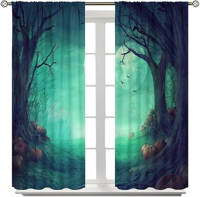 Gothic Mushroom Blackout Window Curtains, Misty Dark Black Forest Moon Halloween Window Drapes, for Living Room Bedroom 31.5(W)*63(L) 2 Panels