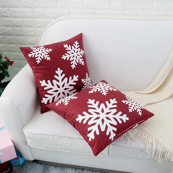 HWY 50 Red Decorative Throw Pillow Covers 16x16 Inch for Couch Sofa Living Room Bed, Soft Square Throw Pillows Cases Set Cushion Cover with Christmas Snowflakes Print Pack of 2