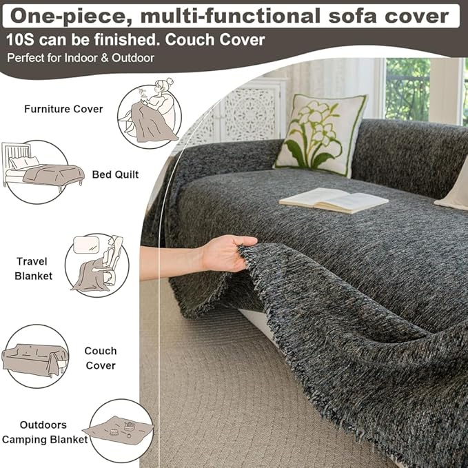 ROOMLIFE Gray Couch Cover Boho Sofa Covers for 3 Cushion Couch Washable, Furniture Protector Sofa Couch Cover for Dogs, Soft Chenille Sofa Slipcover, Couch Throw Blankets with Tassels 71 '' X 150''