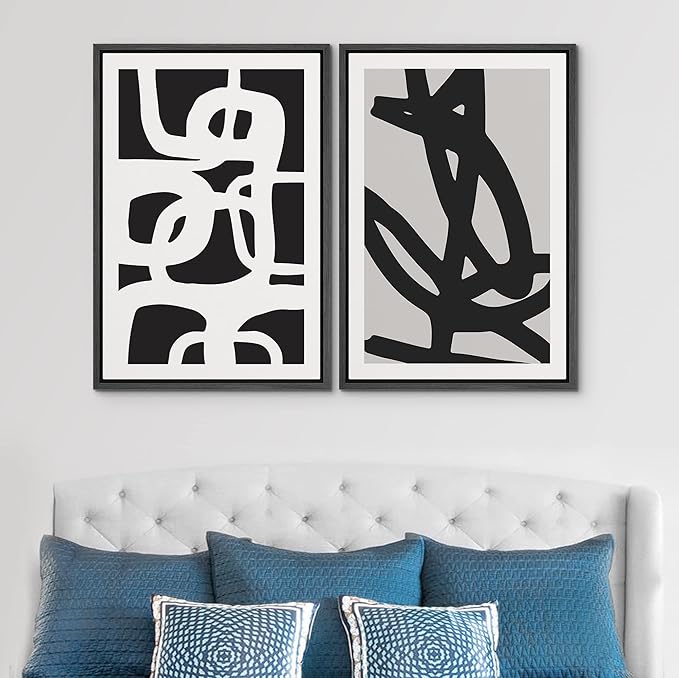SIGNWIN Framed Canvas Print Wall Art Set Black White Geometric Dark Ring Collage Abstract Shapes Illustrations Modern Art Minimal Boho Relax/Calm for Living Room, Bedroom, Office - 24"x36"x2 Black