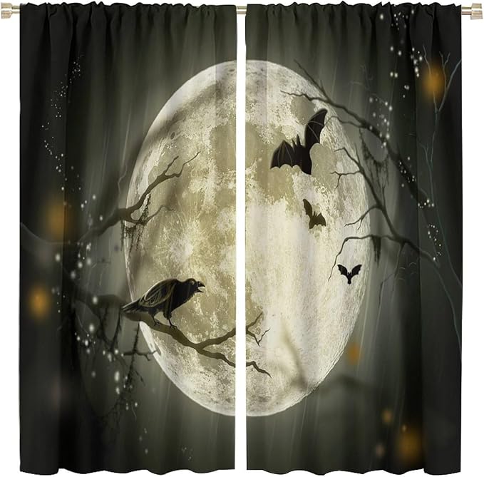 Gothic Halloween Full Moon Blackout Curtains, Gothic Halloween Night Black Bat Crow Print Window Drapes, for Kids Boys Bedroom Living Room 42(W)*84(L) 2 Panels