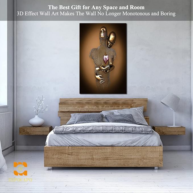 HIPOCAPO 3D Metal Effect Wall Art - Love Heart Canvas Art, Gold Decor for Living Room, Framed Romantic Couple Room 32”x48”x1Pcs 3d Art-22