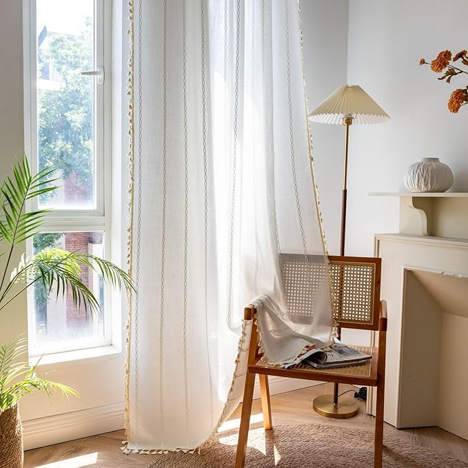 Sutuo Home Boho Curtains for Bedroom 84 Inch Length, Light Filtering Country Farmhouse Vintage Shabby Chic Tassels Window Treatment Bohemian Embroidery Drape, Rod Pocket 1 Panel 52" W x 84" L, White