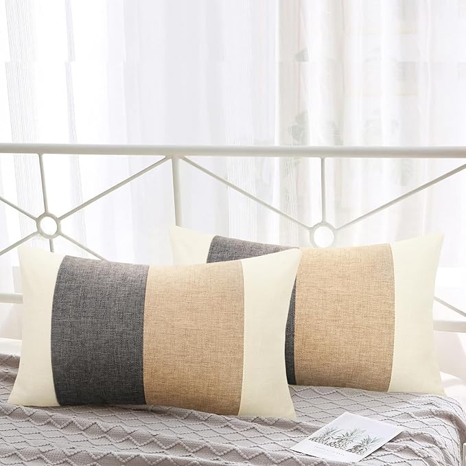 Pyonic Boho Lumbar Pillow Covers Cream White and Grey Throw Pillow Covers 12X20 Set of 2 Farmhouse Decorative Linen Pillow Covers for Couch Sofa Living Room