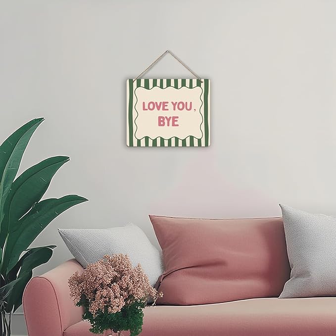 Udinaz Love You Bye Hanging Sign, Girls Room Wall Decor, Trendy Preppy Green Striped Aesthetic Hanging Wood Plaque Decor for Girly Bedroom Dorm Apartment Wall Door Decorations